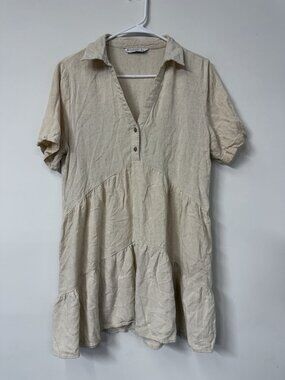 Stradivarius Women's Large Beige Linen tiered mini dress Summer V Neck Loose